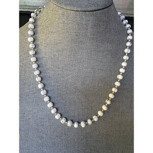 Vintage Glass Bead Necklace Women 22” White Marbled Gold Tone Beaded